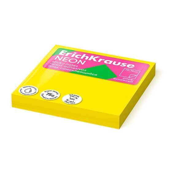 Бумага с клеев. краем 75*75мм 100л. желтая неон. ЕК 61655