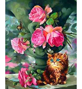 Картина стразами "Цветы и котенок" 30х40 см ST798
