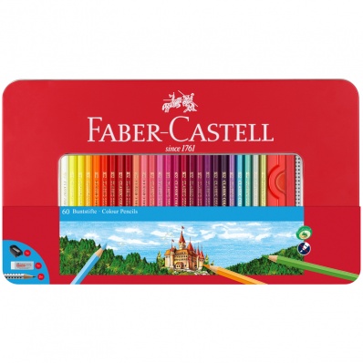 Карандаши цветные Faber-Castell "Замок", 60цв., заточ.+2ч/г кар.+точилка+ластик, метал. коробка