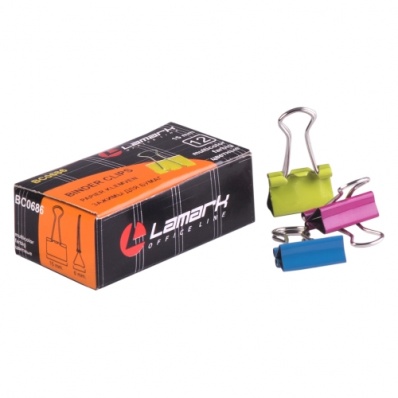 Зажим д/бумаг 1,5см 12шт/уп. цветные неон "Lamark"  ВС0686