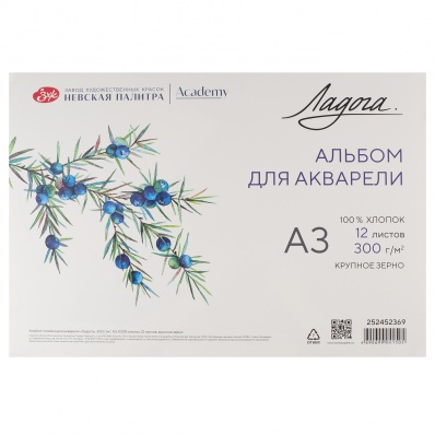 Альбом-склейка для акварели "Ладога", А3, 300 г/м2, 100% хлопок, 12л, к/з