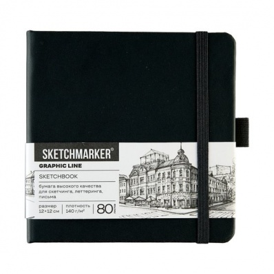 Скетчбук 12х12см Sketchmarker, черный, 140 г/м2, 80 л, жесткая обложка с резинкой